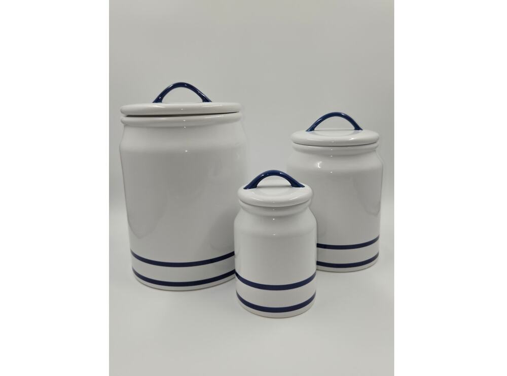 Martha Stewart Farmhouse White w/ Blue Stripe Ceramic Canister Set